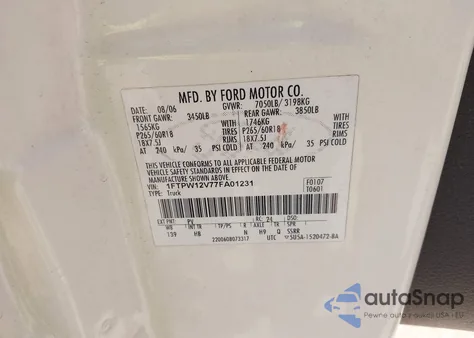 2007 Ford F-150 Fx2/Lariat/Xlt from USA, damaged, VIN 1FTPW12V77FA01231